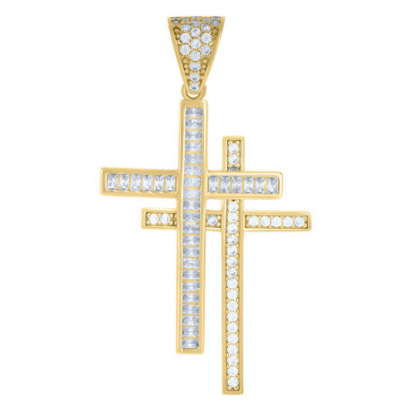 10kt Yellow Gold Mens Cubic-Zirconia Double Cross Religious Charm Pendant