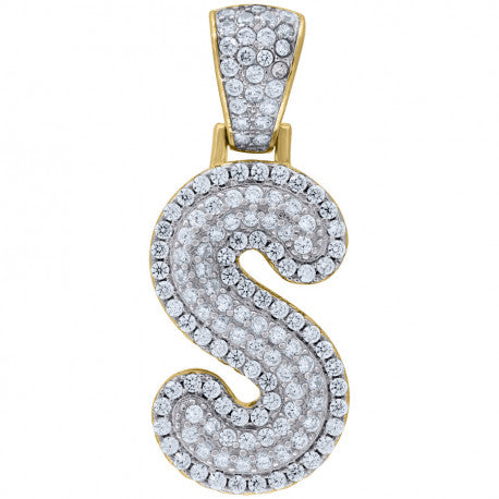 925 Solid Silver Yellow Gold Vermeil Unisex 3D Bubble Initial Charm Pendant (5A Round Cut CZ Stones) Alphabet Letters A-Z