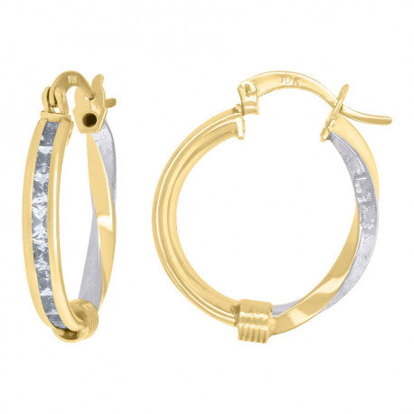 10kt Two-Tone(Yellow & White) Gold Womens Baguette Cubic-Zirconia Textured Twisted Hoops Huggies Earrings