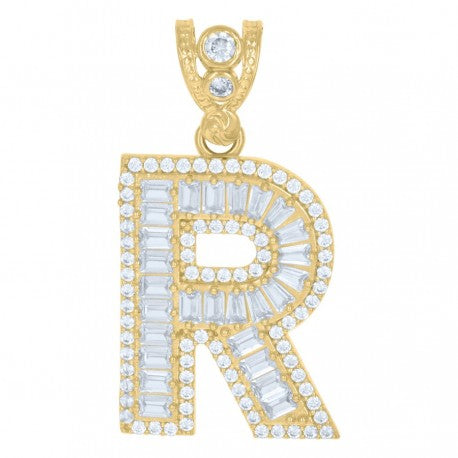 10kt Yellow Gold Unisex Iced Bubble Initial Charm Pendant (5A Baguette + Round CZ Stones)Alphabet Letters A-Z