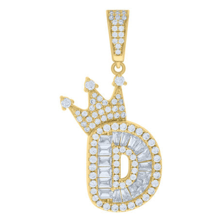 925 Solid Silver Yellow Gold Vermeil Unisex Bubble Crown Initial Charm Pendant (5A Baguette+Round Cut CZ Stones) Alphabet Letters A-Z