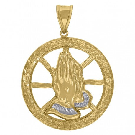 10kt Two-Tone Gold Mens Religious Praying Hands Medallion Charm Pendant