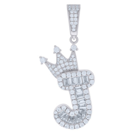 925 Solid Silver Unisex Bubble Crown Initial Charm Pendant (5A Baguette+Round Cut CZ Stones) Alphabet Letters A-Z