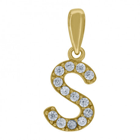 925 Solid Silver Yellow Gold Vermeil Unisex Micro Initial Charm Pendant (5A Round Cut CZ Stones) Alphabet Letters A-Z