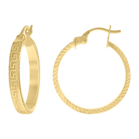 10kt Yellow Gold Womens Greek Key Diamond-Cut Hoop Earrings
