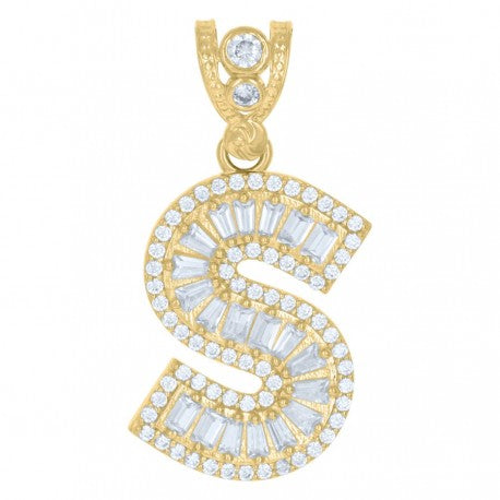 10kt Yellow Gold Unisex Iced Bubble Initial Charm Pendant (5A Baguette + Round CZ Stones)Alphabet Letters A-Z