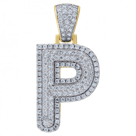 925 Solid Silver Yellow Gold Vermeil Unisex 3D Bubble Initial Charm Pendant (5A Round Cut CZ Stones) Alphabet Letters A-Z