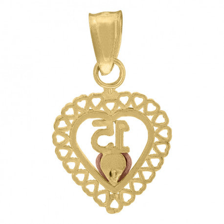 10kt Gold Tri-Color Diamond-Cut Womens 15 Anos Heart Quinceanera Charm Pendant