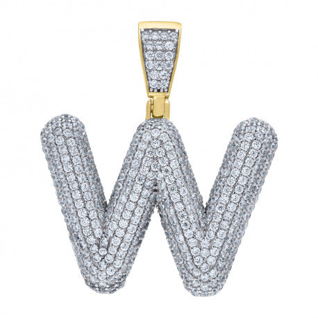 925 Solid Silver Yellow Gold Vermeil Unisex Bubble Initial Charm Pendant (5A Round Cut CZ Stones) Alphabet Letters A-Z