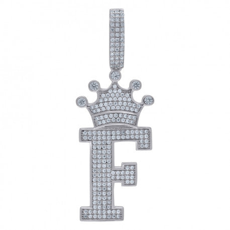 925 Solid Silver Unisex Crown Initial Charm Pendant (5A Round Cut CZ Stones) Alphabet Letters A-Z