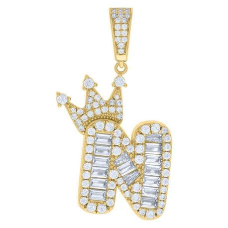 925 Solid Silver Yellow Gold Vermeil Unisex Bubble Crown Initial Charm Pendant (5A Baguette+Round Cut CZ Stones) Alphabet Letters A-Z