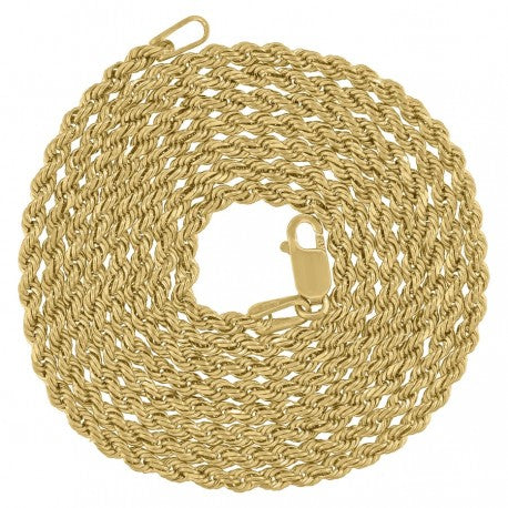 10kt Yellow Gold Solid Rope Chain 2.5mm 18 to 24 inches