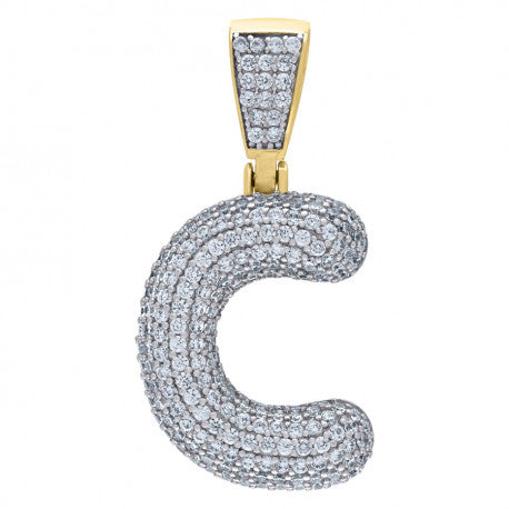 925 Solid Silver Yellow Gold Vermeil Unisex Bubble Initial Charm Pendant (5A Round Cut CZ Stones) Alphabet Letters A-Z