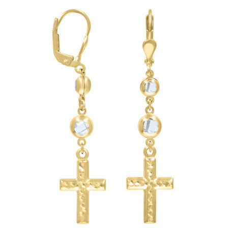 10kt Yellow Gold Unisex Cubic-Zirconia Cross Religious Dangle Leverback  Earrings