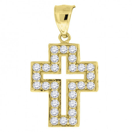 10kt Yellow Gold Unisex Round Cubic-Zirconia Cross Religious Charm Pendant