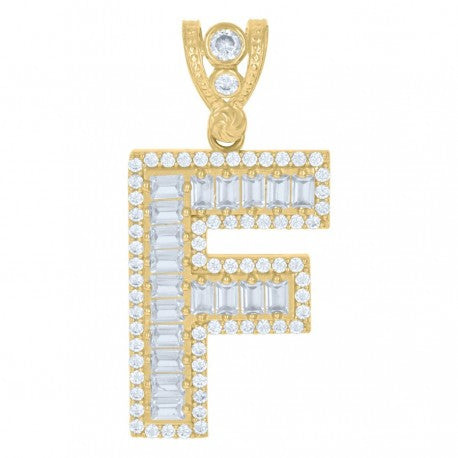 10kt Yellow Gold Unisex Iced Bubble Initial Charm Pendant (5A Baguette + Round CZ Stones)Alphabet Letters A-Z