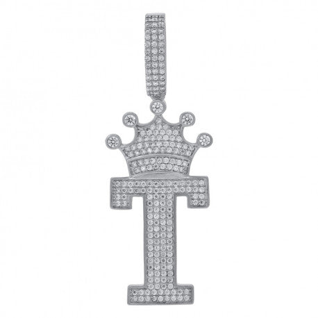 925 Solid Silver Unisex Crown Initial Charm Pendant (5A Round Cut CZ Stones) Alphabet Letters A-Z