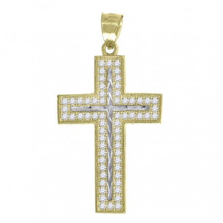 10kt Two-Tone Gold Unisex Cubic Zirconia Cross Religious Charm Pendant