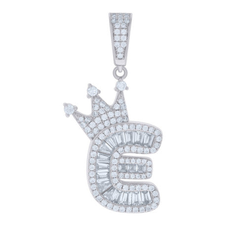 925 Solid Silver Unisex Bubble Crown Initial Charm Pendant (5A Baguette+Round Cut CZ Stones) Alphabet Letters A-Z