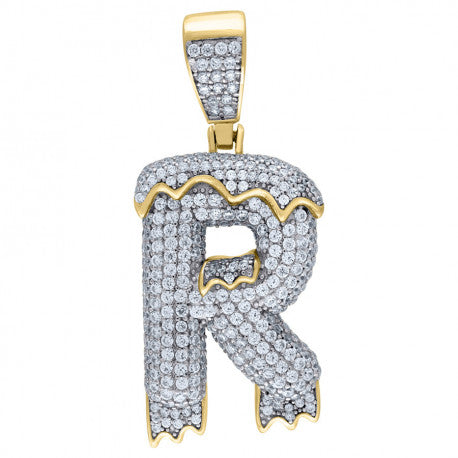 925 Solid Silver Yellow Gold Vermeil Unisex Drippy Bubble Initial Charm Pendant (5A Round Cut CZ Stones) Alphabet Letters A-Z