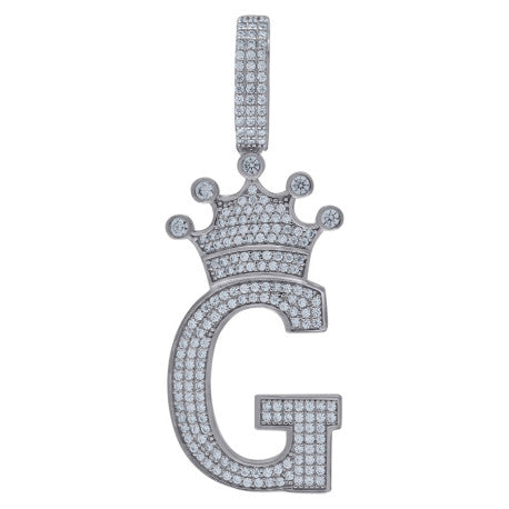 925 Solid Silver Unisex Crown Initial Charm Pendant (5A Round Cut CZ Stones) Alphabet Letters A-Z