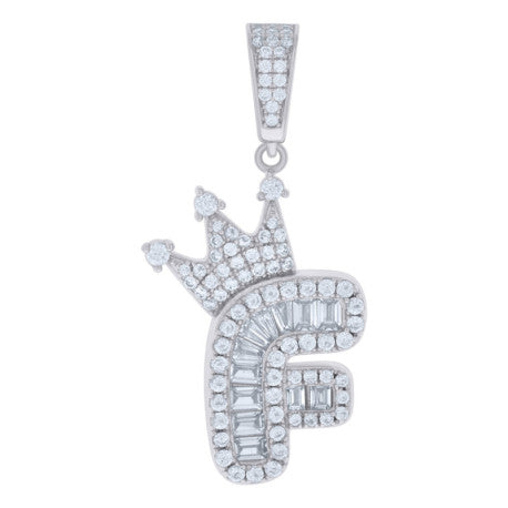 925 Solid Silver Unisex Bubble Crown Initial Charm Pendant (5A Baguette+Round Cut CZ Stones) Alphabet Letters A-Z