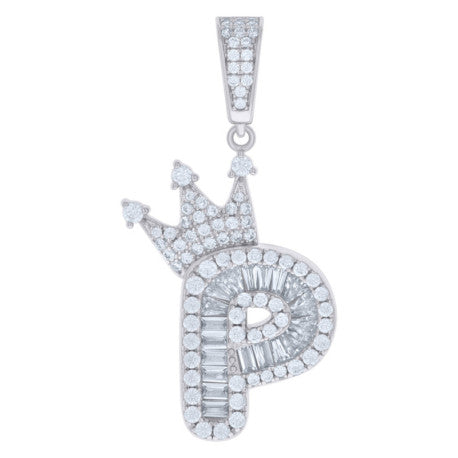 925 Solid Silver Unisex Bubble Crown Initial Charm Pendant (5A Baguette+Round Cut CZ Stones) Alphabet Letters A-Z