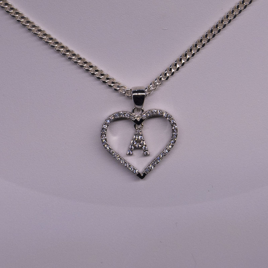 925 Silver White Initial Set 925 Silver Intial Heart Charm Pendant(Any Letter A-Z)+925 Silver 2mm Cuban Link Chain (Any Length) only $74.99 Entire Set!