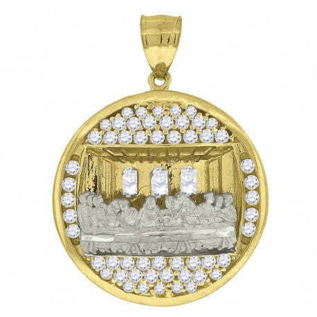 10kt Two-Tone Gold Unisex Cubic Zirconia Supper Last Religious Medallion Charm Pendant