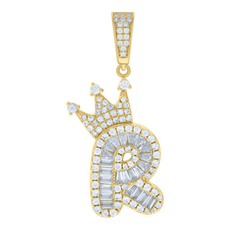 925 Solid Silver Yellow Gold Vermeil Unisex Bubble Crown Initial Charm Pendant (5A Baguette+Round Cut CZ Stones) Alphabet Letters A-Z