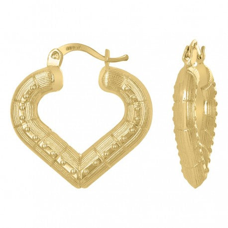 10kt Yellow Gold Womens Heart Embossed Pattern 26.5mm X 25.5mm Hinged Hoops Huggies