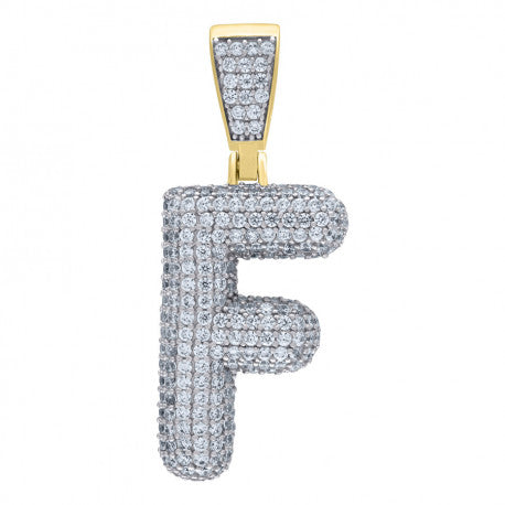 925 Solid Silver Yellow Gold Vermeil Unisex Bubble Initial Charm Pendant (5A Round Cut CZ Stones) Alphabet Letters A-Z