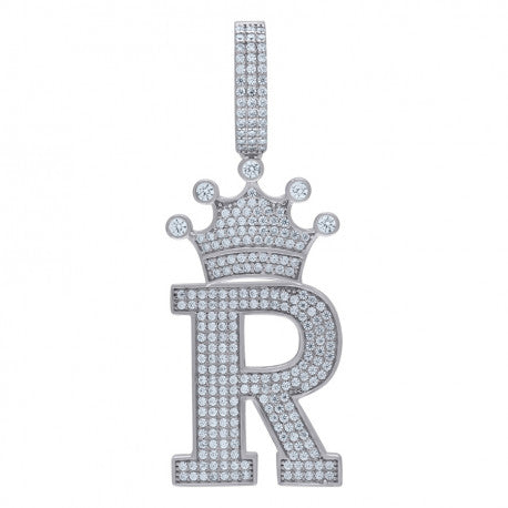 925 Solid Silver Unisex Crown Initial Charm Pendant (5A Round Cut CZ Stones) Alphabet Letters A-Z