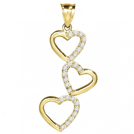 10kt Gold Cubic-Zirconia Womens Triple Heart Charm Pendant