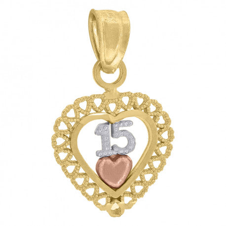 10kt Gold Tri-Color Diamond-Cut Womens 15 Anos Heart Quinceanera Charm Pendant