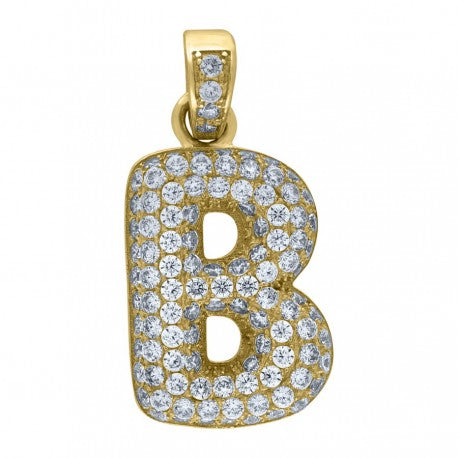 10kt Yellow Gold Unisex Iced Bubble Initial Charm Pendant (5A Round CZ Stones)Alphabet Letters A-Z