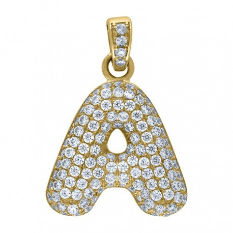 10kt Yellow Gold Unisex Iced Bubble Initial Charm Pendant (5A Round CZ Stones)Alphabet Letters A-Z