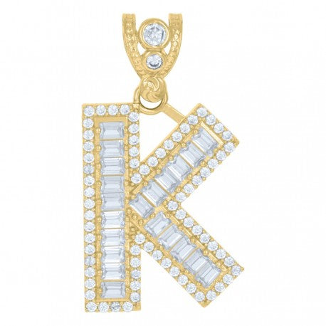 10kt Yellow Gold Unisex Iced Bubble Initial Charm Pendant (5A Baguette + Round CZ Stones)Alphabet Letters A-Z