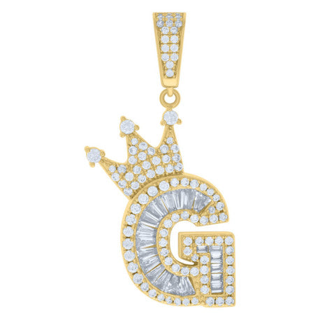 925 Solid Silver Yellow Gold Vermeil Unisex Bubble Crown Initial Charm Pendant (5A Baguette+Round Cut CZ Stones) Alphabet Letters A-Z