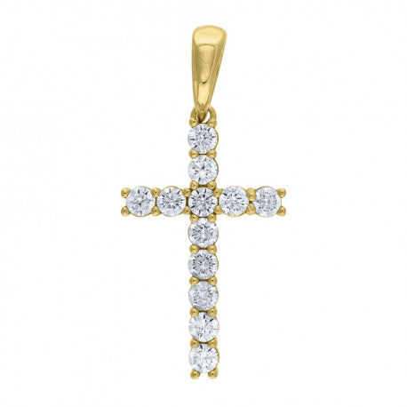 925 Solid Silver Yellow-Tone Gold Vermeil Unisex Cz Cross Religious Charm Pendant 88503