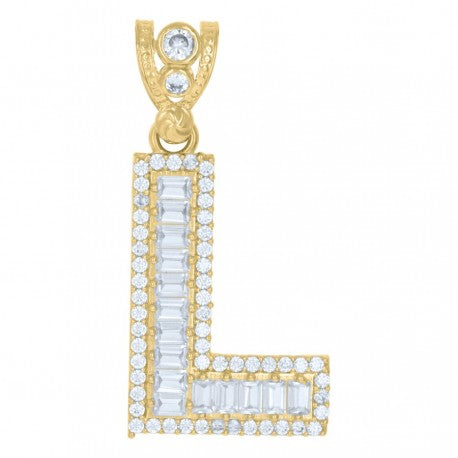 10kt Yellow Gold Unisex Iced Bubble Initial Charm Pendant (5A Baguette + Round CZ Stones)Alphabet Letters A-Z