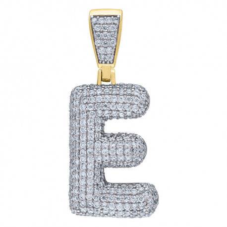 925 Solid Silver Yellow Gold Vermeil Unisex Bubble Initial Charm Pendant (5A Round Cut CZ Stones) Alphabet Letters A-Z