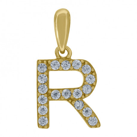 925 Solid Silver Yellow Gold Vermeil Unisex Micro Initial Charm Pendant (5A Round Cut CZ Stones) Alphabet Letters A-Z