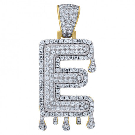 925 Solid Silver Yellow Gold Vermeil Unisex Bubble Dripping Initial Charm Pendant (5A Round Cut CZ Stones) Alphabet Letters A-Z