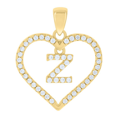 925 Solid Silver Yellow Gold Vermeil Unisex Micro Initial Heart Charm Pendant (5A Round Cut CZ Stones) Alphabet Letters A-Z