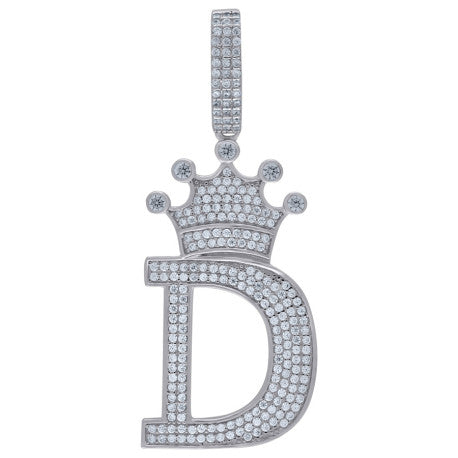 925 Solid Silver Unisex Crown Initial Charm Pendant (5A Round Cut CZ Stones) Alphabet Letters A-Z