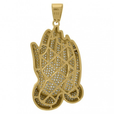 925 Solid Silver Yellow-Tone Gold Vermeil Mens Cubic Zirconia Religious Praying Hands Charm Pendant 60438