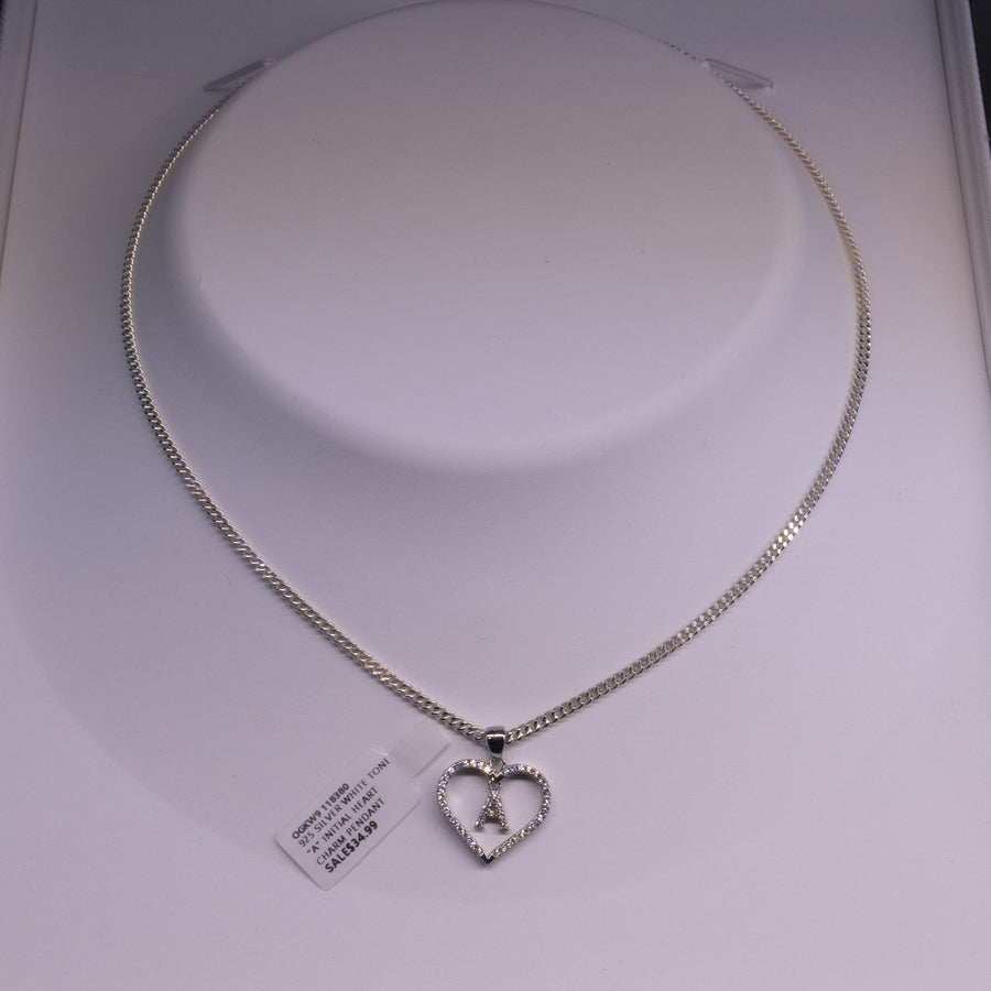 925 Silver White Initial Set 925 Silver Intial Heart Charm Pendant(Any Letter A-Z)+925 Silver 2mm Cuban Link Chain (Any Length) only $74.99 Entire Set!