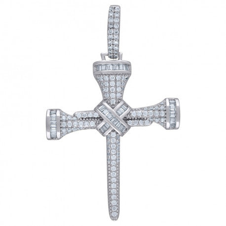 .925 Solid Silver Mens Cubic Zirconia Nail Cross Religious Charm Pendant 93146