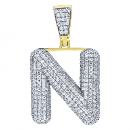 925 Solid Silver Yellow Gold Vermeil Unisex Bubble Initial Charm Pendant (5A Round Cut CZ Stones) Alphabet Letters A-Z